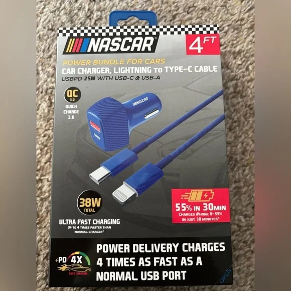( NASCAR) 4ft Car Charger Bundle - Blue