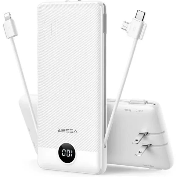 Portable Charger for iPhone Built in Cables and Wall Plug 10000mah Slim