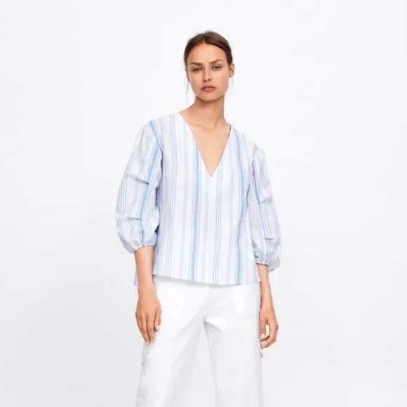 NWT Zara Size M Striped Zara Puff Sleeve Woven Blouse Top