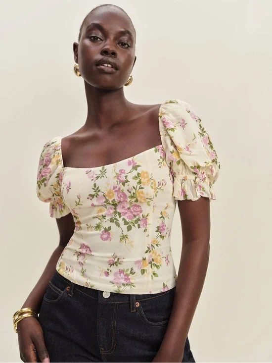 Reformation Marin Cream Floral Square-Neck Puff Sleeve Top