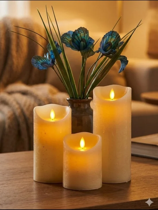 LED Flameless Pillar Candles - Cream Set of 3