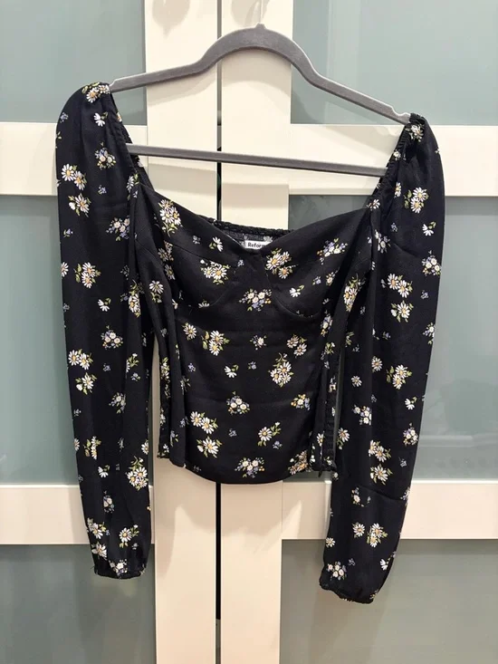 Reformation Black Daisy Puff-Sleeve Square Neck Blouse