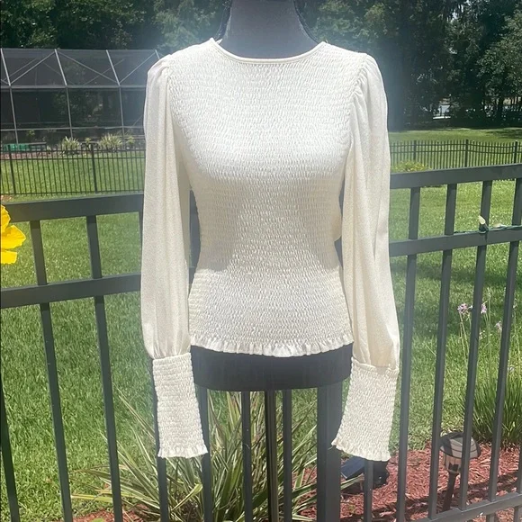 Anthropologie Cream Smocked Puff Sleeve Blouse