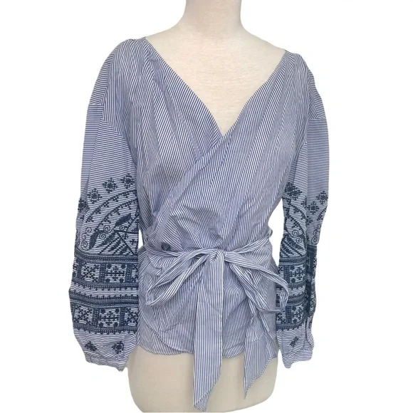 Zara Basic Navy White Blue Striped Embroidered Wrap Top SMALL - OBO