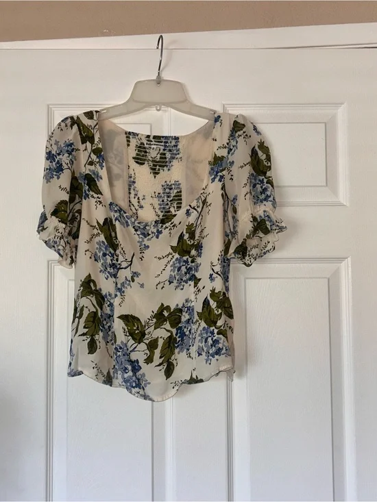 Reformation Cream Floral Scoop-Neck Blouse with Blue and Olive Green Print