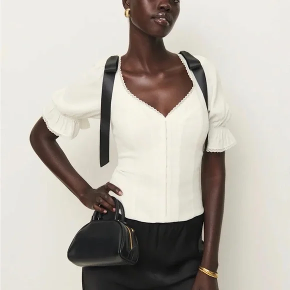 Reformation Ivory Blouse with Black Ribbon