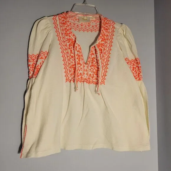 Anthropologie Maeve Louisa Peasant Top Tunic Textured Cream Neon Coral Size XS