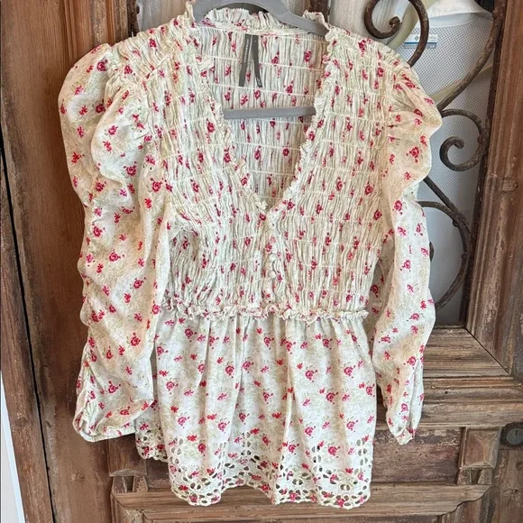 Anthropologie Cream Blouse with Pink Rose Print and Smocked Bodice