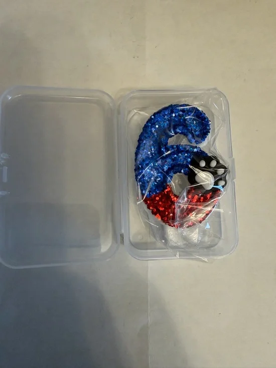 Sequined Red and Blue Number 6 candle