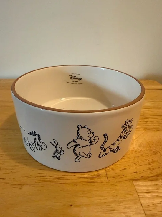 Rae Dunn Ceramic Pet Bowl with Brown Rim and Winnie the Pooh Sketches