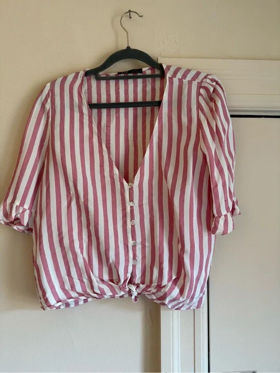 Zara Pink and White Vertical Stripe Tie-Hem Blouse