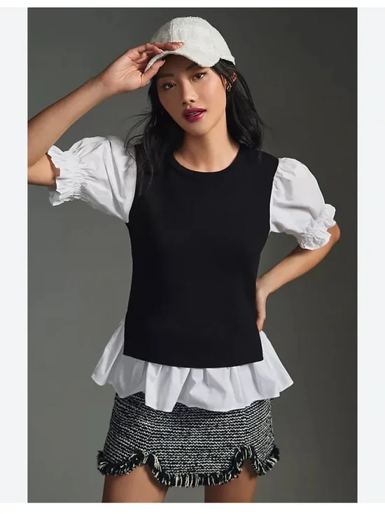 Anthropologie Black Layered Vest with White Poplin Hem and Puff Sleeves