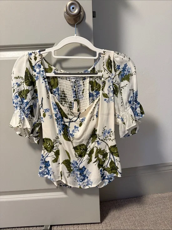 Reformation White Floral Puff-Sleeve Blouse with Blue & Green Print