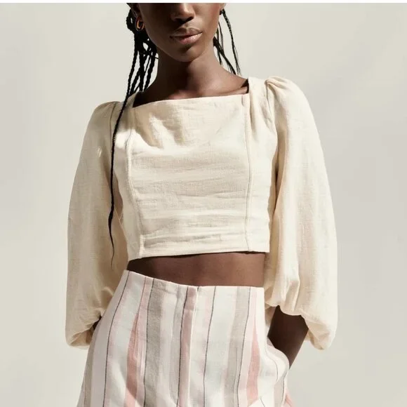 ZARA LINEN/COTTON LACE-UP BACK BLOUSE