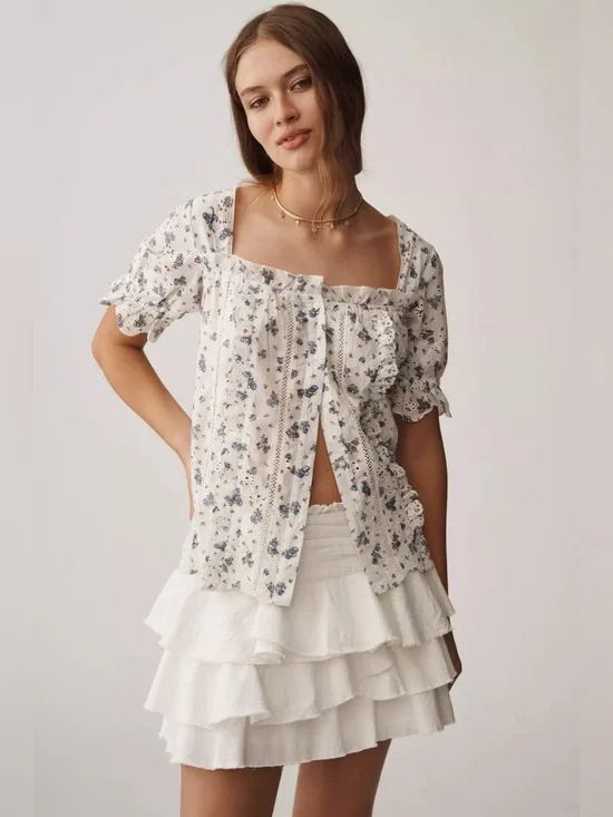 NWT Anthropologie Puff-Sleeve Eyelet Top Ivory Floral Pattern XS Runs Large