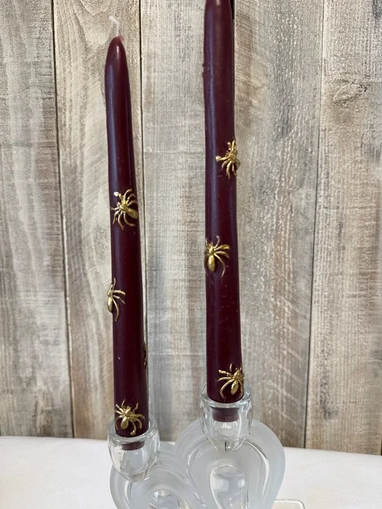 NIB Anthropologie Burgundy Taper Candles with Gold Spider Detail