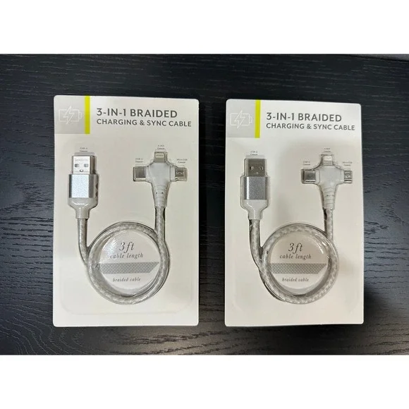 (2) Vivitar 3-in-1 Braided Phone Charging & Sync Cable NEW‎