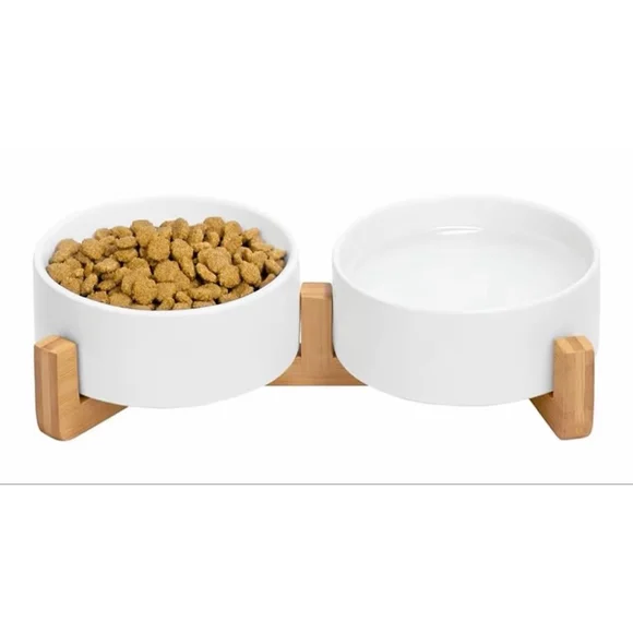 NEW Ceramic Dog Cat Bowl Set Wooden Stand Non-Slip Matte