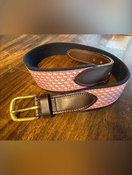 Vineyard Vines Pink Whale Print Canvas & Leather Kids Belt Size 26