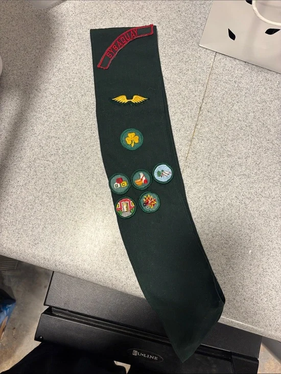 Vintage Girl scouts Merit Badge Sash with Yellow and Red Embroidered Patches