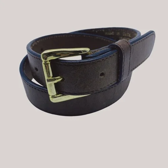 Vintage‎ 1” Thin Genuine Leather Belt Kids S/M Rich Brown Gold Buckle 20