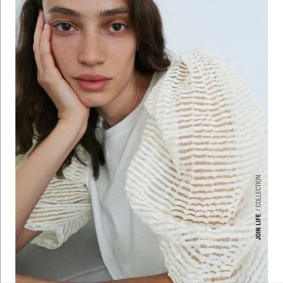 Zara Cream Puff-Sleeve Sheer Knit Top