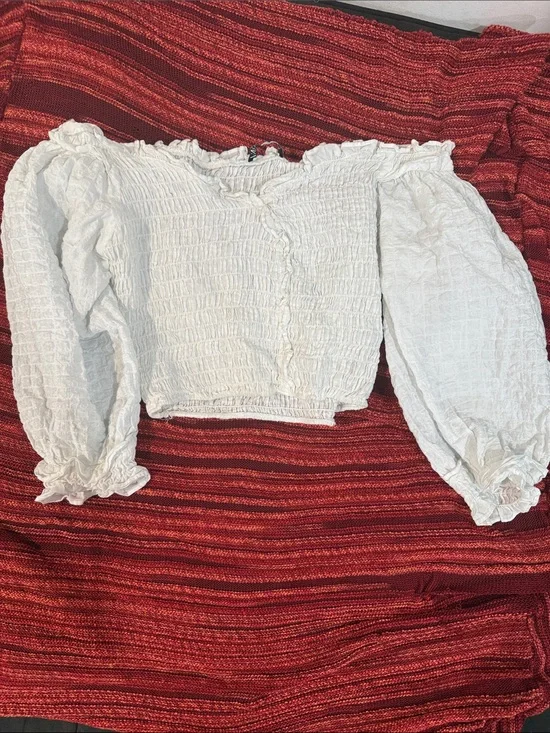 Zara White Smocked Off-Shoulder Puff Sleeve Top