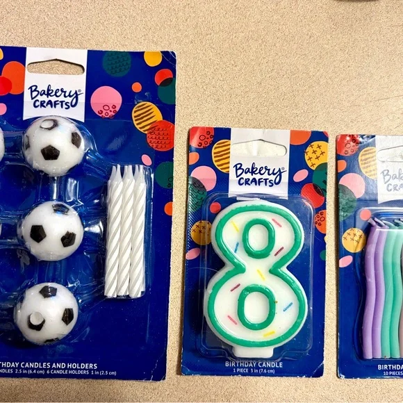 3 PC Bakery Crafts Candle Lot: 6 Soccer Ball Candles, 10 Pastel Cake Candles& #8