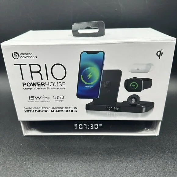 Wireless Charging Station W/ Alarm Clock 3-in-1 Qi Apple Watch AirPods iPhone
