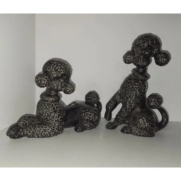 Vintage Mid Century Modern Gray Ceramic Shelf Poodles Dog Decor Signed Reiber