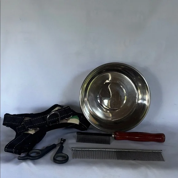 Set of 5 items Stainless Steel Pet Bowl with Grooming Kit - Silver