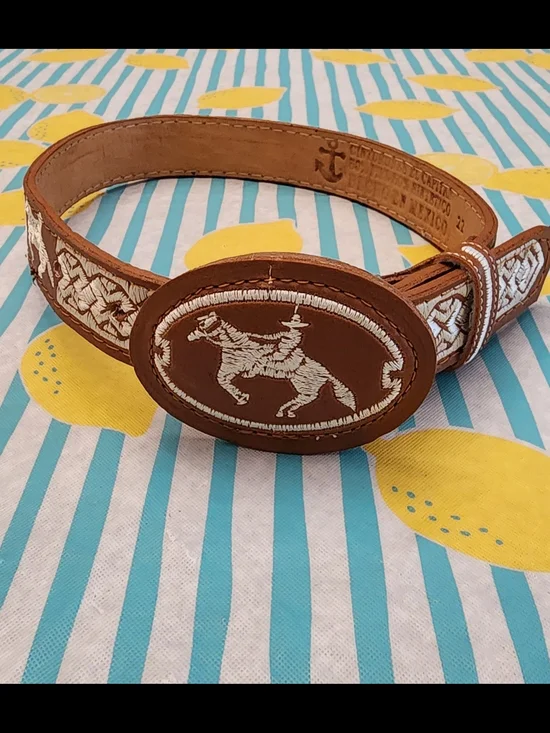 Handcrafted Brown Leather Boy's Belt with White Embroidery Sz 5