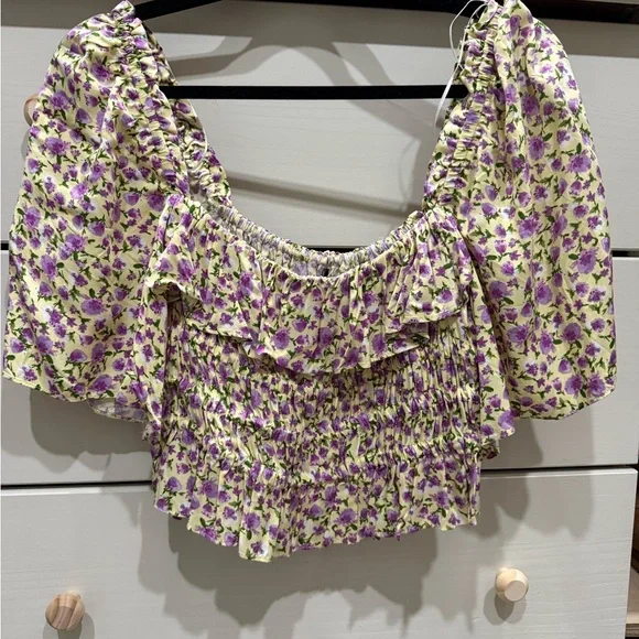 Zara Lavender Floral Smocked Crop Top with Puff Sleeves