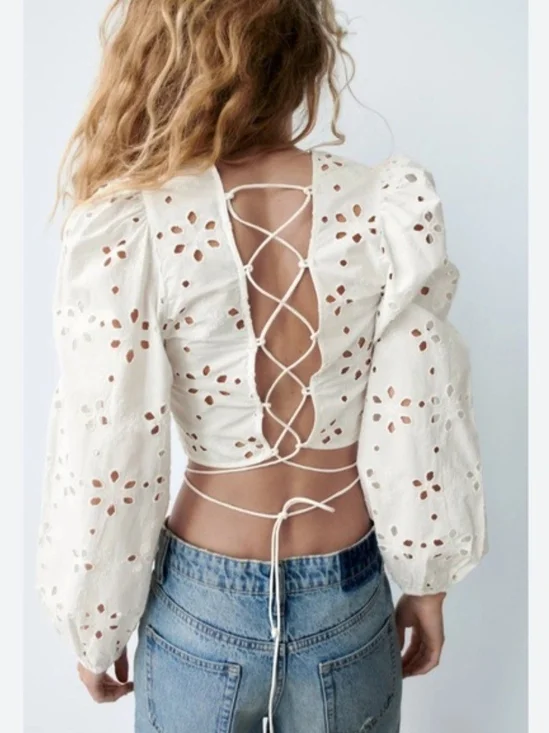 Zara White Eyelet Lace-Up Puff Sleeve Crop Top