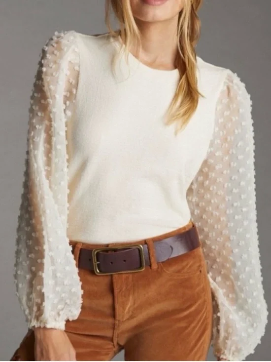 Maeve Anthropologie Cream Swiss Dot Puff Sleeve Textured Blouse Medium