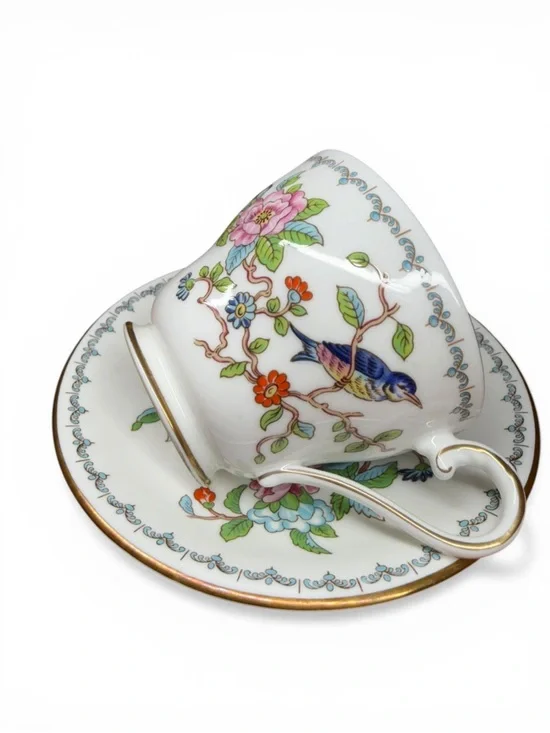 Vintage Aynsley Floral & Bird Teacup and Saucer - White with Multicolor Accents