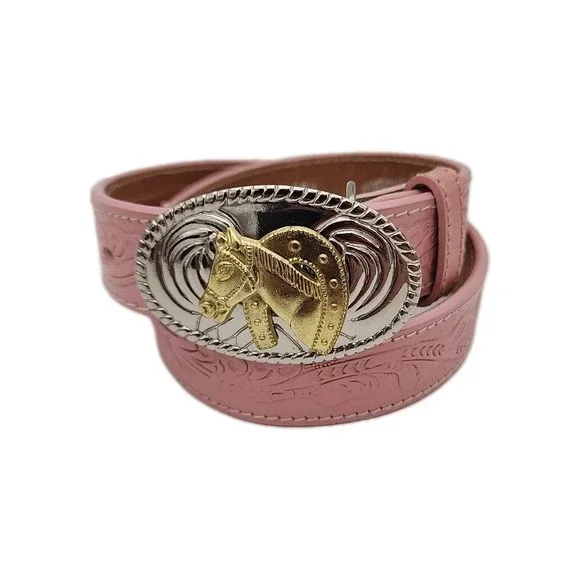 Nocona Belt Co Girls Pink Floral Tooled Leather Belt W/Horsehead Buckle 28