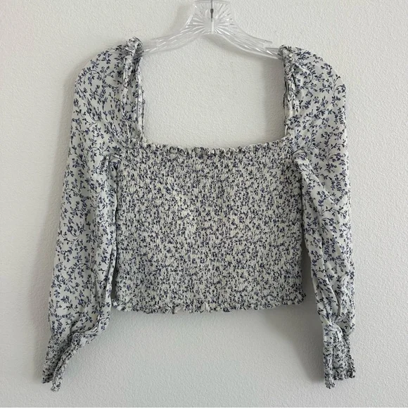 Reformation White and Blue Floral Smocked Square-Neck Blouse