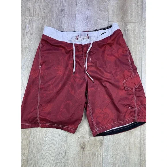 Speedo Men Sz Large Floral Red Swimsuit MESH REMOVED Swim Trunks Swimming Shorts