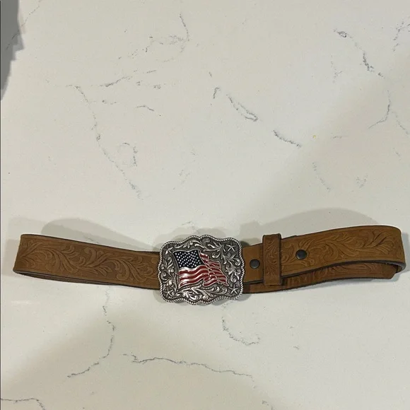 Child Size Soft Brown Leather Belt with American Flag Buckle
