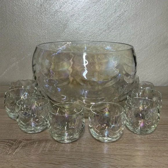 Iridescent Luster Punch Bowl & 10 Cups Mermaid Scales West Virginia Glass