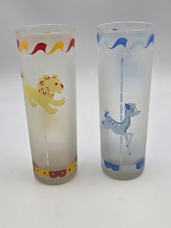 Libbey Frosted Carousel Tumblers Lion & Deer/Fawn Glass 7” Set Of 2