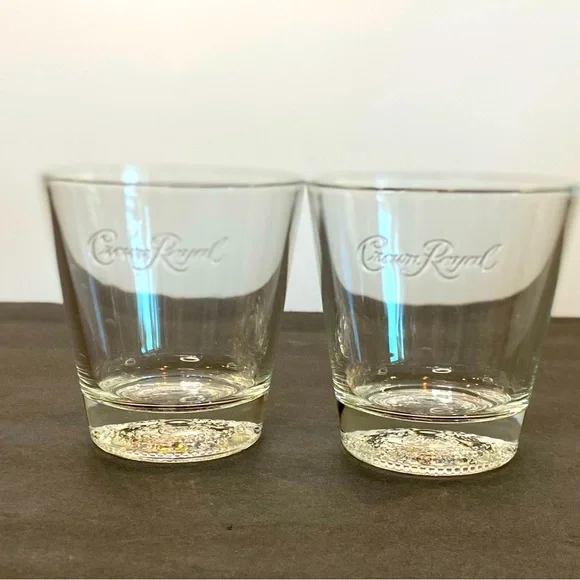 𝅺SET of 2 Crown Royal Whiskey Lowball Glass Tumblers Embossed
