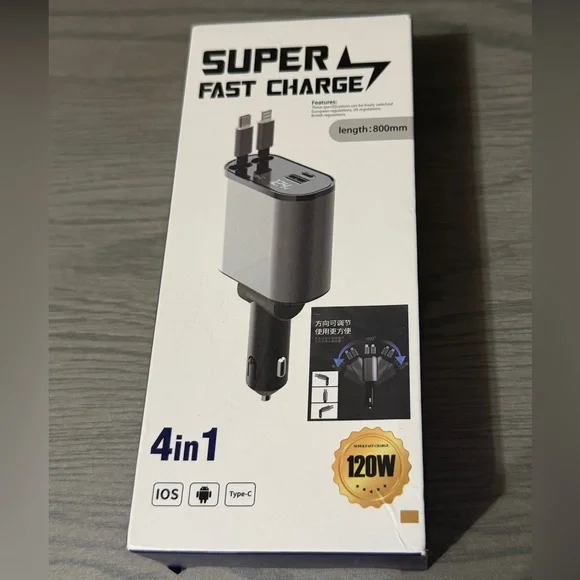 4-in-1 Fast Charge Car Charger - Black Retractable