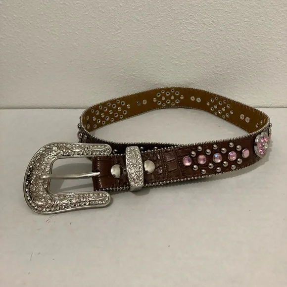 Girl's Sparkle Pink Heart 💖 Western-style Brown Leather Belt Rhinestone