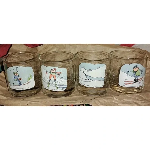 4 Vntg Skiing Tumblers Ashby Glasses Cups Set of 4 Retro Comic Terms Cartoon 70s