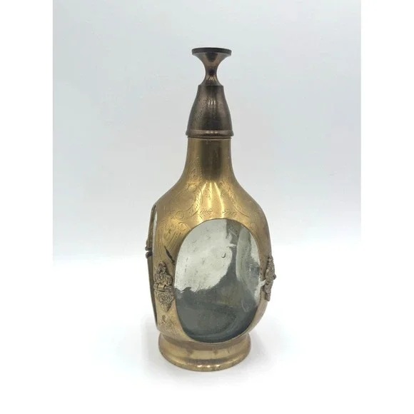 Brass Encased Glass Decanter With Shot Glass Lid Non King Vintage