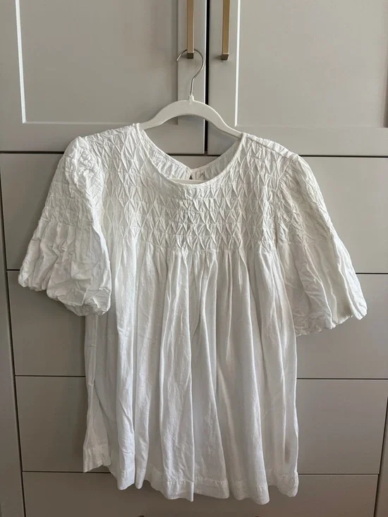 Anthropologie White Smocked Puff-Sleeve Cotton Top
