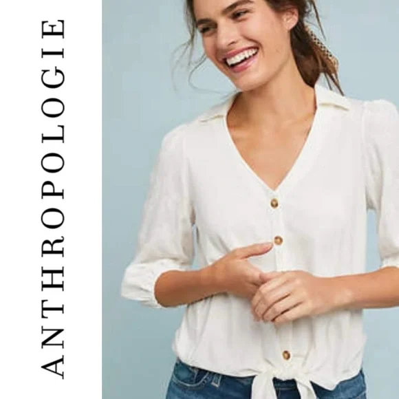 Anthropologie Vanessa Virginia Lorena White Tie-Front Boho Blouse Boho Size L