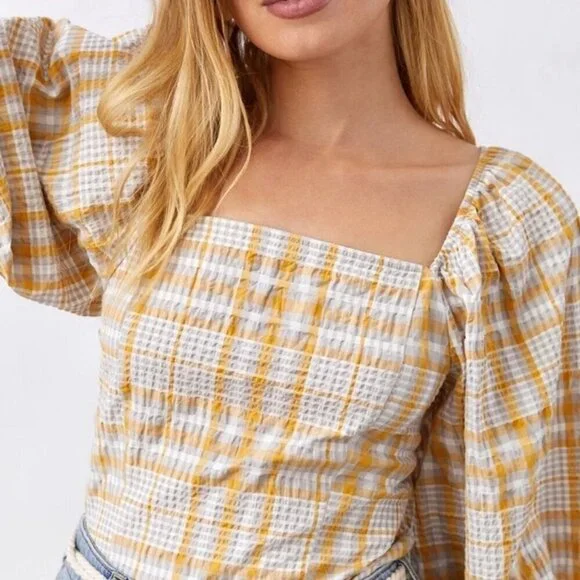 Anthropologie Maeve Plaid Blouses Puff Sleeves Cropped Size Med